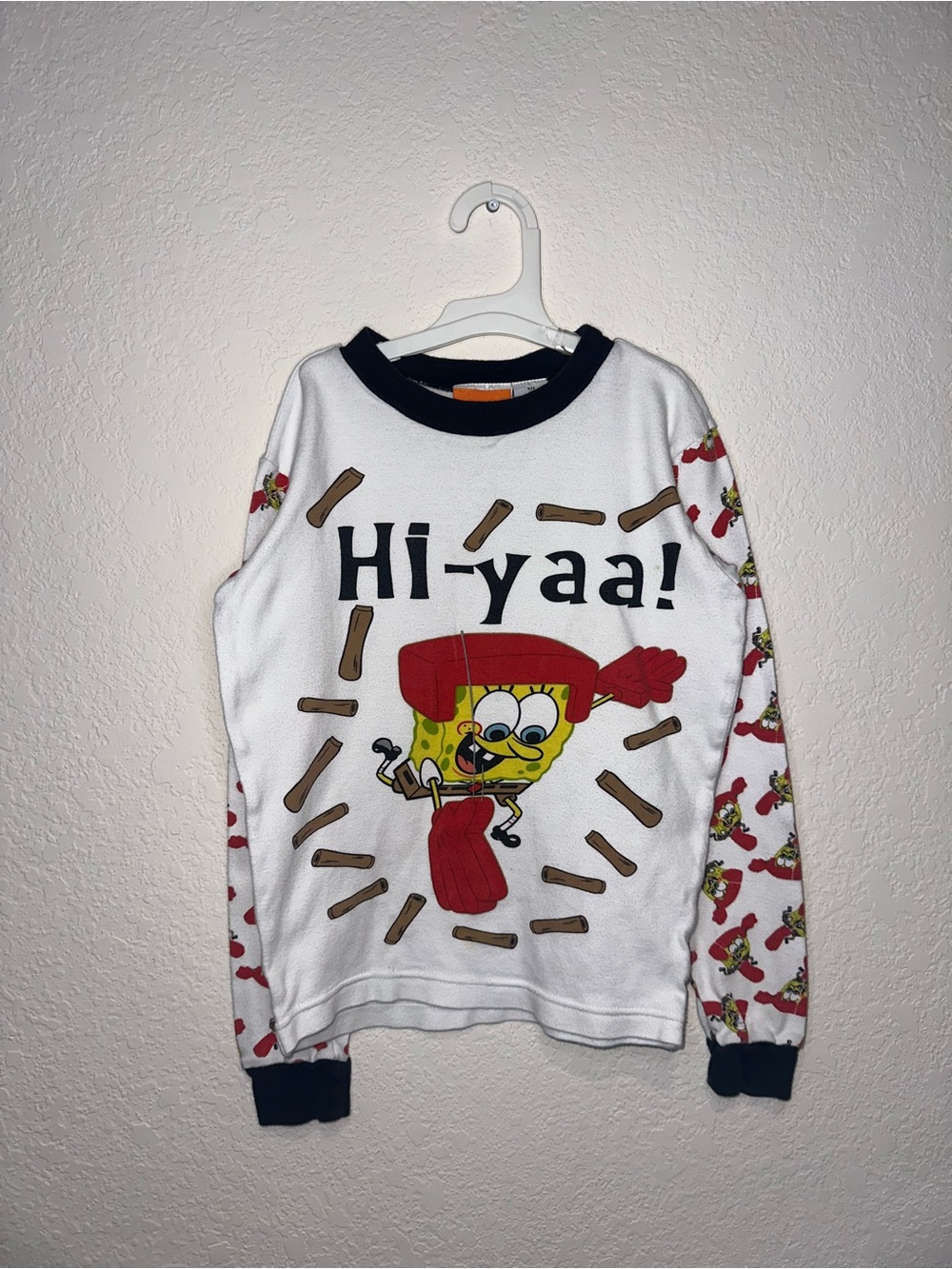 Y2K 2002 Nickelodeon SpongeBob Karate 'Hi-yaa!' Graphic Pajama Shirt Size 12